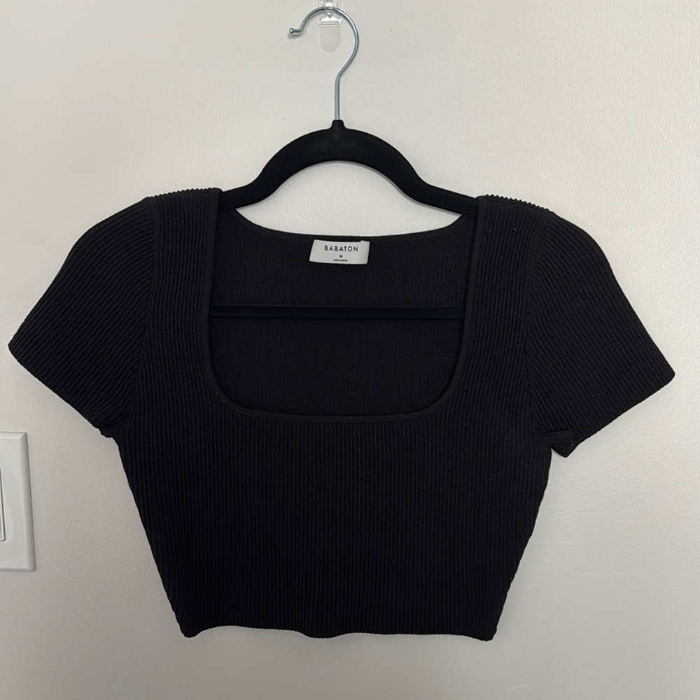 Aritzia Babaton Black Ribbed Crop T-Shirt